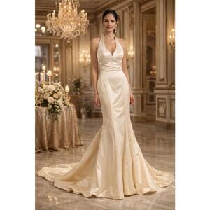 Demetrios Ivory Silk Bridal Gown Elegant Halter Neck Crystal Waist Sz 6 Vintage